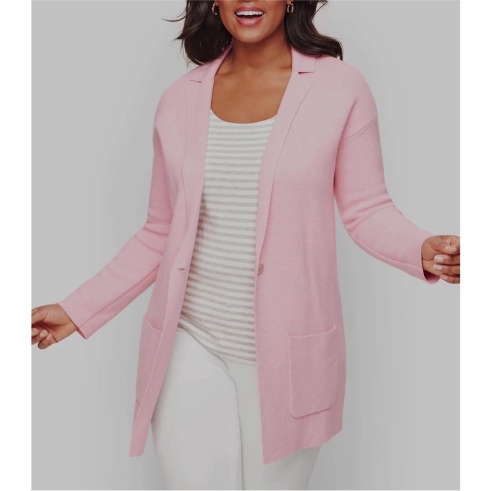 Talbots Cotton Blend Knit Pink Long Blazer M Sweater Cardigan Spring
